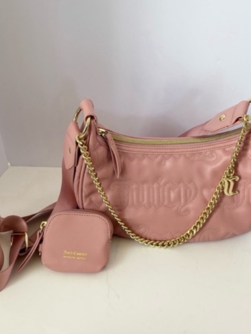 Juicy Couture Bubblegum Pink Leather Crossbody Bag with Detachable Strap & Pouch